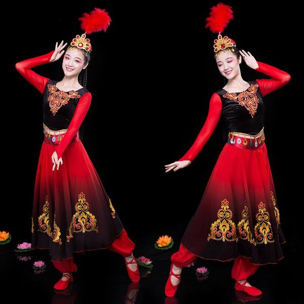 stage wear xinjiang dance costumes female uygur ethnic modern opening skirt, Black;red
stage wear xinjiang dance costumes female uygur ethnic modern opening skirt, Black;red