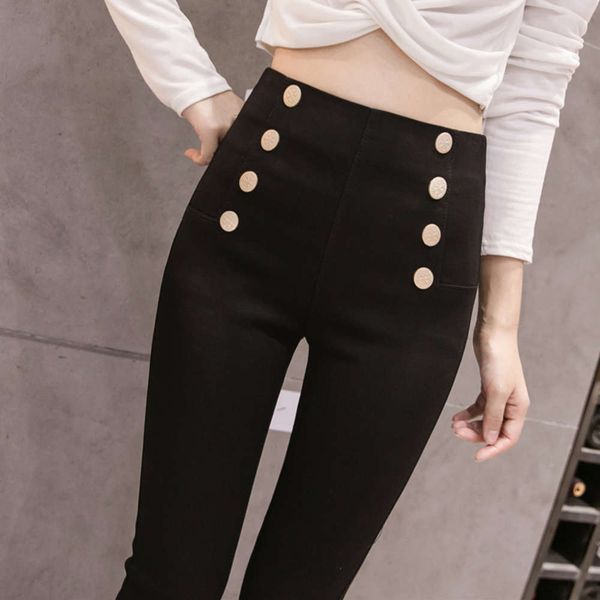 black pencil pants autumn and winter plush high waist slim double breasted women's elastic leggings, Black;white
black pencil pants autumn and winter plush high waist slim double breasted women's elastic leggings, Black;white