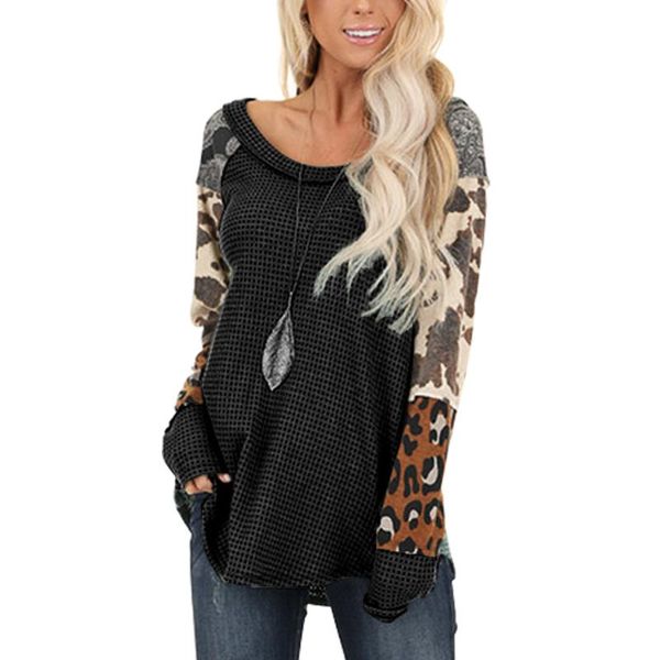 women's blouses & shirts women waffle knit shirt leopard long sleeve blouse casual patchwork, White
women's blouses & shirts women waffle knit shirt leopard long sleeve blouse casual patchwork, White