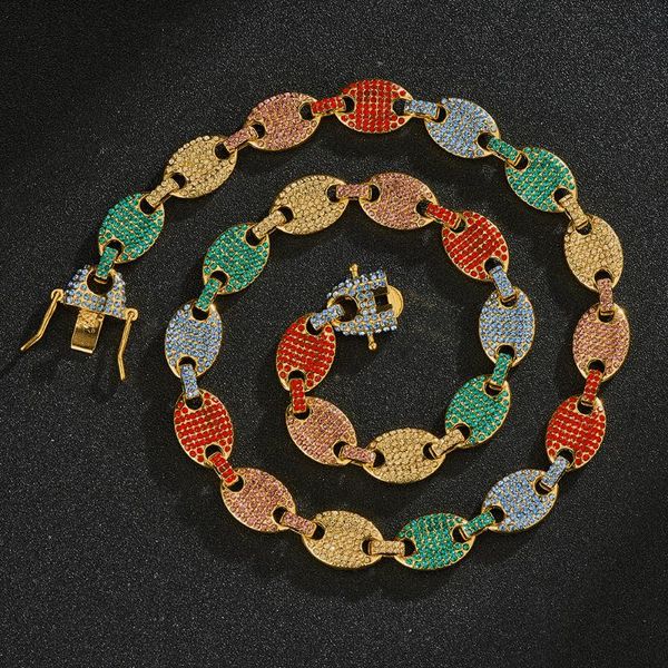 chains hip hop iced out colorful rainbow coffee bean pig nose necklace bracelet for man women bling full rhinestone rapper jewelry gift, Silver 
chains hip hop iced out colorful rainbow coffee bean pig nose necklace bracelet for man women bling full rhinestone rapper jewelry gift, Silver