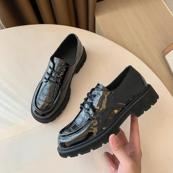 dress shoes platform women genuine cow patent leather round toe sewing lace up flats chunky sole ladies loafers, Black
dress shoes platform women genuine cow patent leather round toe sewing lace up flats chunky sole ladies loafers, Black