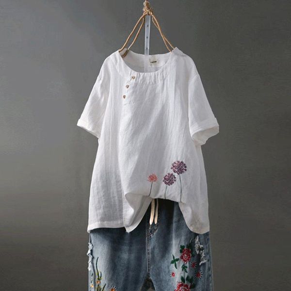 women's blouses & shirts cotton linen blouse women clothing plus size dandelion embroidery o-neck button casual summer elegant vintage, White
women's blouses & shirts cotton linen blouse women clothing plus size dandelion embroidery o-neck button casual summer elegant vintage, White