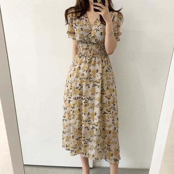 v-neck elastic waist puff sleeve chiffon dress summer korean women's vintage printed 210529, Black;gray
v-neck elastic waist puff sleeve chiffon dress summer korean women's vintage printed 210529, Black;gray