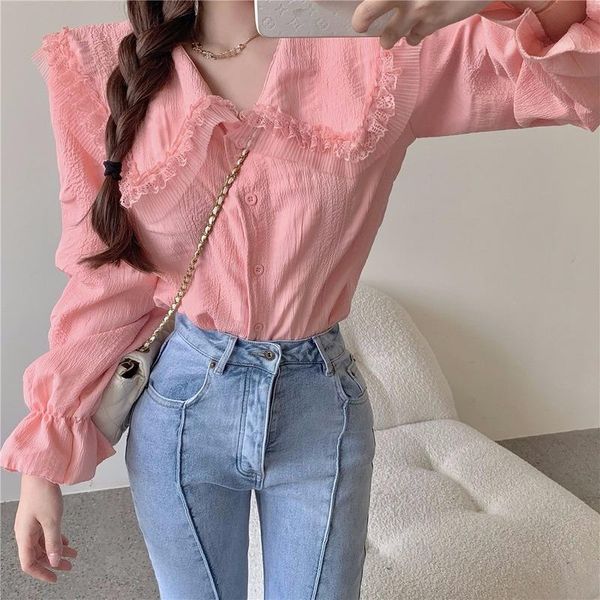 women's t-shirt pink doll collar shirt female design sense niche spring sweet age-reducing long-sleeved top, White
women's t-shirt pink doll collar shirt female design sense niche spring sweet age-reducing long-sleeved top, White