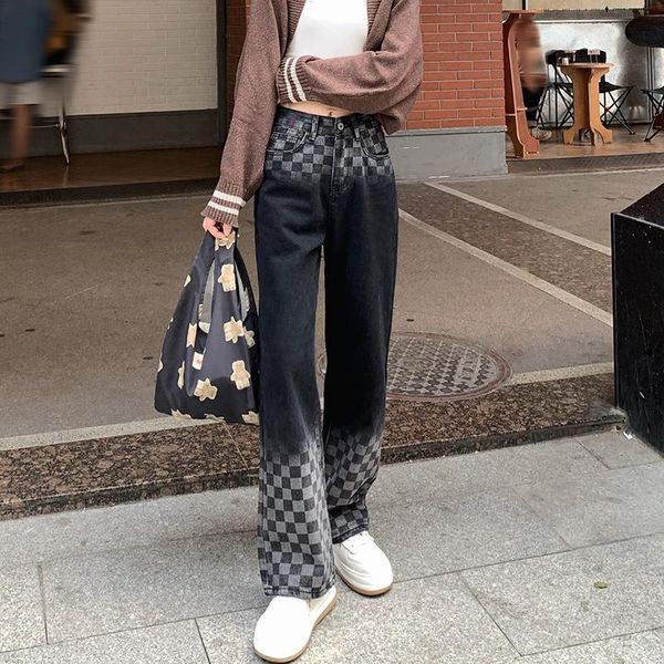 women's jeans high waist thicken for women autumn vintage gradient checkerboard plaid straight loose button fashion wide leg pants, Blue
women's jeans high waist thicken for women autumn vintage gradient checkerboard plaid straight loose button fashion wide leg pants, Blue