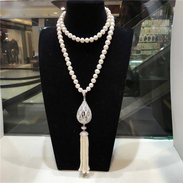 hand knotted 8-9mm white natural freshwater pearl micro inlay zircon tassel long sweater chain necklace fashion jewelry, Silver
hand knotted 8-9mm white natural freshwater pearl micro inlay zircon tassel long sweater chain necklace fashion jewelry, Silver