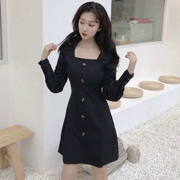 spring women square collar button party trendy korean mini dress female elegant classic solid long sleeve vestidos, Black;gray
spring women square collar button party trendy korean mini dress female elegant classic solid long sleeve vestidos, Black;gray