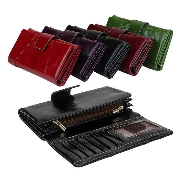 wallets oil wax leather multi-card lady wallet large capacity long buckle clutch womens and purses, Red;black
wallets oil wax leather multi-card lady wallet large capacity long buckle clutch womens and purses, Red;black
