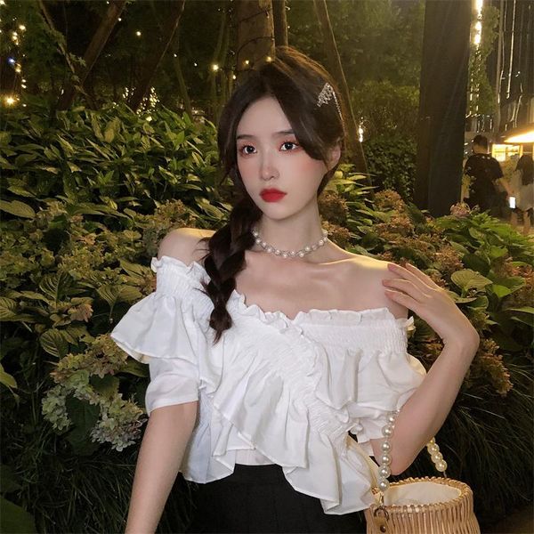 women's blouses & shirts korean preppy style summer women blouse shirt vintage slash neck sweet ruffles design short sleeve casual loos, White
women's blouses & shirts korean preppy style summer women blouse shirt vintage slash neck sweet ruffles design short sleeve casual loos, White