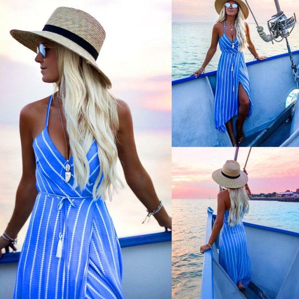 casual dresses summer women boho maxi striped dress lady spaghetti strap evening party split long beach sundress, Black;gray
casual dresses summer women boho maxi striped dress lady spaghetti strap evening party split long beach sundress, Black;gray