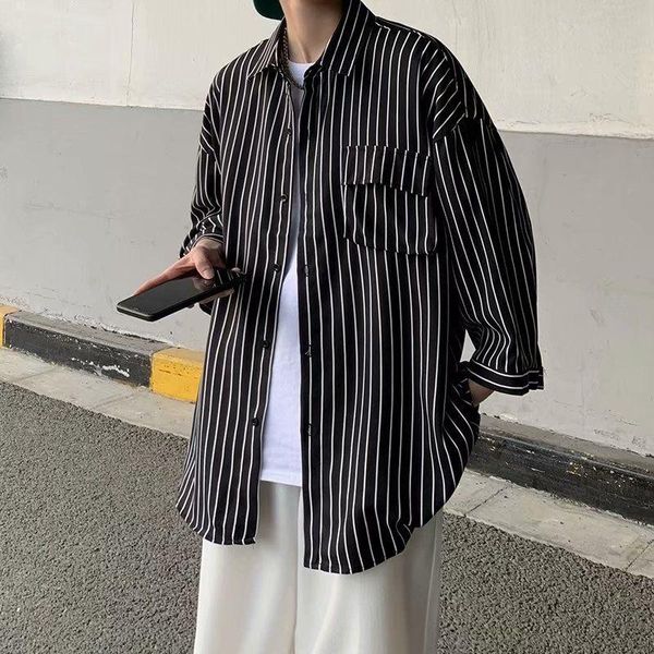 men's casual shirts long sleeve striped men classic japanese all-match 7-point trend coat oversize loose male clothes thin, White;black
men's casual shirts long sleeve striped men classic japanese all-match 7-point trend coat oversize loose male clothes thin, White;black