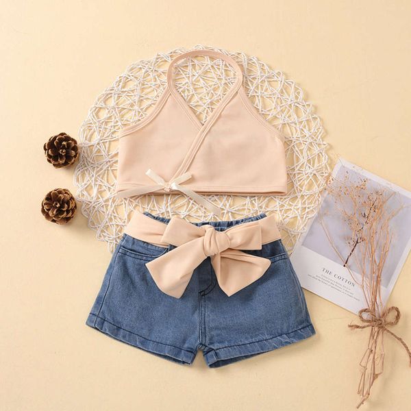 diagonal color v-shaped wear solid cross open back + denim shorts children's suit, White
diagonal color v-shaped wear solid cross open back + denim shorts children's suit, White