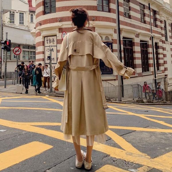 women's trench coats fashion khaki long coat flounce stitching casual outerwear loose woman clothes lapel windbreaker tied with belt, Tan;black
women's trench coats fashion khaki long coat flounce stitching casual outerwear loose woman clothes lapel windbreaker tied with belt, Tan;black