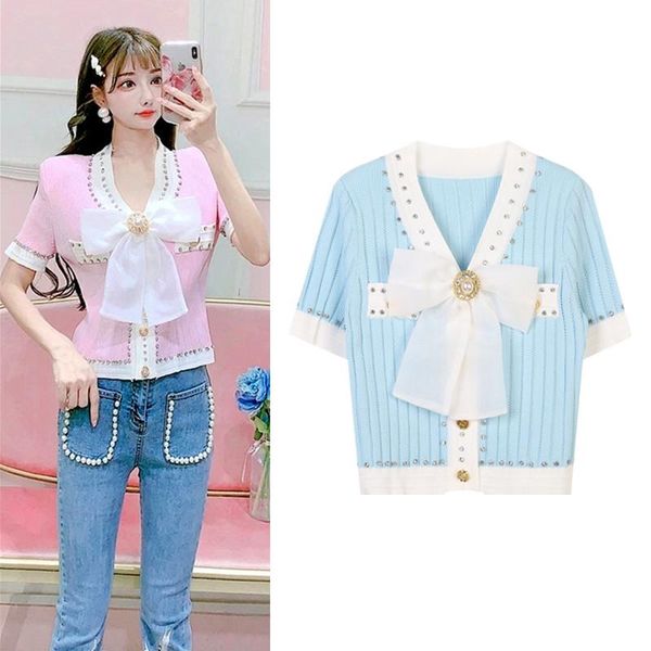 women's blouses & shirts with bows summer short v neck knitted crop sleeve diamond beaded blusa renda femininas cardigans nz74, White
women's blouses & shirts with bows summer short v neck knitted crop sleeve diamond beaded blusa renda femininas cardigans nz74, White