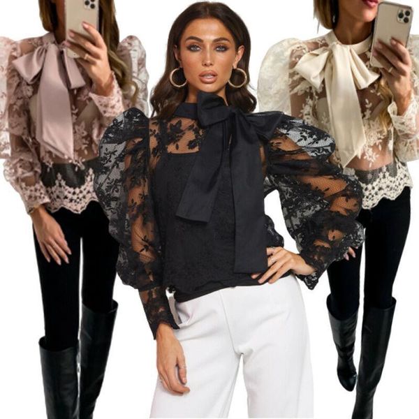 2021 summer temperament perspective solid women lace shirt flower embroidery puff sleeve bow neck female solid blouses, White
2021 summer temperament perspective solid women lace shirt flower embroidery puff sleeve bow neck female solid blouses, White