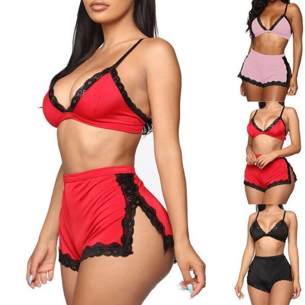 women sleepwear lingerie 2pcs lace bra deep v neck crop high waist split shorts underwear set summer pajamas set, Black;red
women sleepwear lingerie 2pcs lace bra deep v neck crop high waist split shorts underwear set summer pajamas set, Black;red
