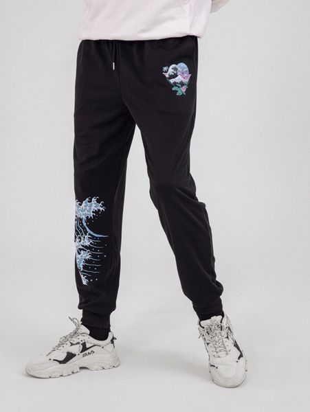 romwe x vincenttrinidadart guys wave graphic sweatpants s4is#, Black