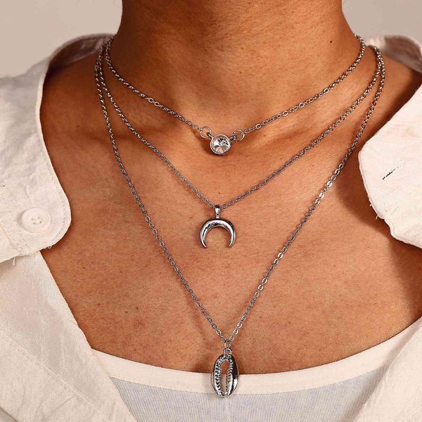 necklace creative double diamond shell crescent pendant multi layer necklace, Silver 
necklace creative double diamond shell crescent pendant multi layer necklace, Silver