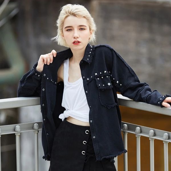 spring studded frayed women's denim jacket long sleeve women's jackets large size outerwear irregular jeans jacket streetwear s202, Black;brown
spring studded frayed women's denim jacket long sleeve women's jackets large size outerwear irregular jeans jacket streetwear s202, Black;brown