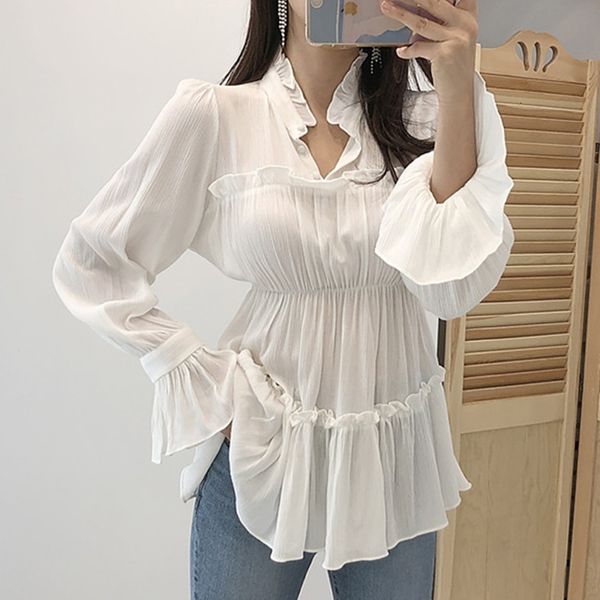 women's polos 2021 spring gentle and thin v-neck wooden ears pleated design slim trumpet sleeve doll shirt 8jzq, White
women's polos 2021 spring gentle and thin v-neck wooden ears pleated design slim trumpet sleeve doll shirt 8jzq, White