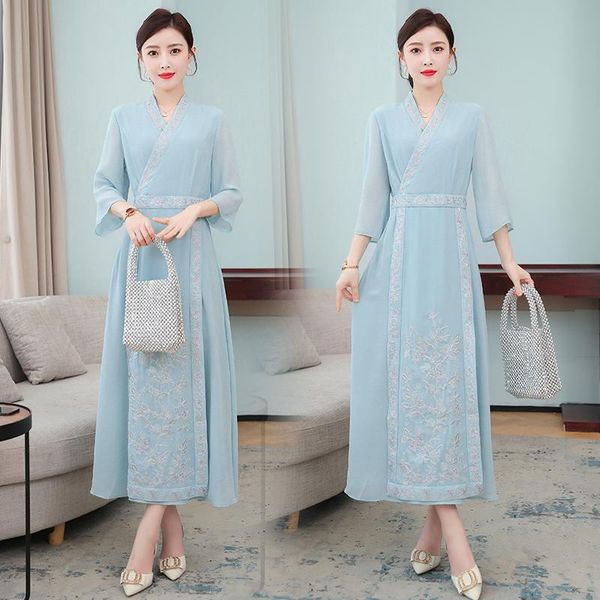 casual dresses women dress summer 2022 chinese style cheongsam vintage three quarter sleeve chiffon solid embroidery v-neck, Black;gray
casual dresses women dress summer 2022 chinese style cheongsam vintage three quarter sleeve chiffon solid embroidery v-neck, Black;gray