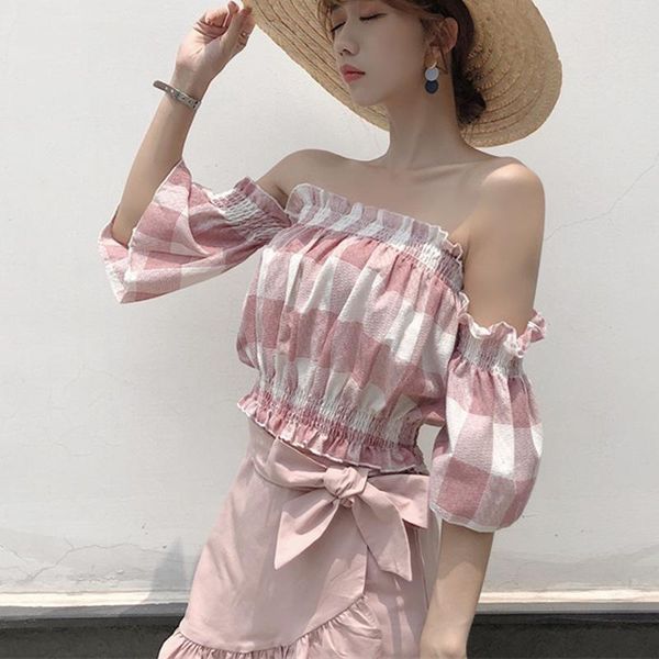 women off shoulder half sleeve pullover casual blouse summer flare sleeve plaid blouse casual top, White
women off shoulder half sleeve pullover casual blouse summer flare sleeve plaid blouse casual top, White