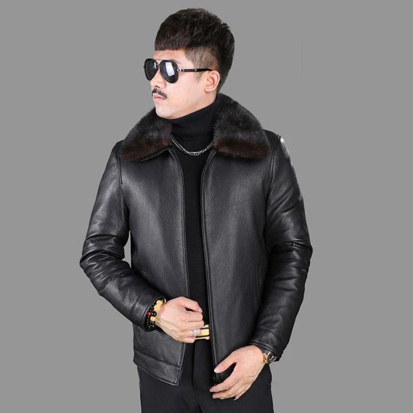 men's leather & faux layer deer skin mink hair collar coat winter lapel business casual middle-aged down jacket, Black
men's leather & faux layer deer skin mink hair collar coat winter lapel business casual middle-aged down jacket, Black
