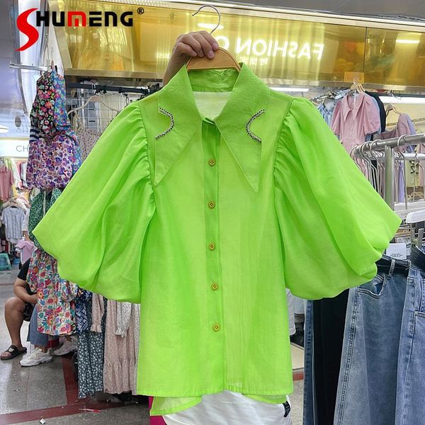 women's blouses & shirts 2021 summer fashion beaded single-breasted slim fit shirt ladies solid color collar puff sleeve for female, White
women's blouses & shirts 2021 summer fashion beaded single-breasted slim fit shirt ladies solid color collar puff sleeve for female, White