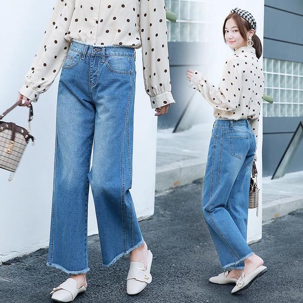 women's jeans upper and lower hem wide leg women autumn high waist loose nine points straight denim pants, Blue
women's jeans upper and lower hem wide leg women autumn high waist loose nine points straight denim pants, Blue