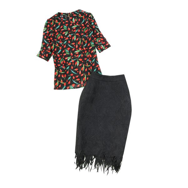 women's summer ensemble, chiffon shirt fine flowers + hip skirt with black lace clothes 5qrt, White
women's summer ensemble, chiffon shirt fine flowers + hip skirt with black lace clothes 5qrt, White