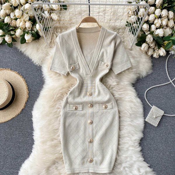 women knitted pencil dress v neck short sleeve elastic slim sheath dresses summer korean chic streetwear short dress y0603, Black;gray 
women knitted pencil dress v neck short sleeve elastic slim sheath dresses summer korean chic streetwear short dress y0603, Black;gray