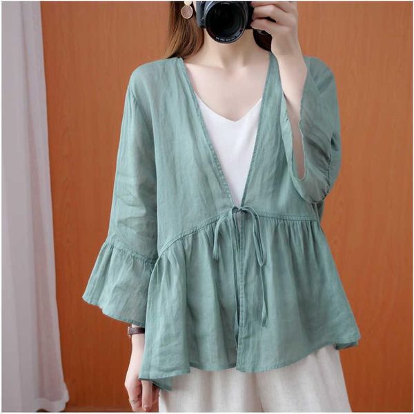 women's blouses & shirts summer literature and art loose thin linen long sleeve cardigan chinese v-neck lace up cotton sunscreen clothe, White
women's blouses & shirts summer literature and art loose thin linen long sleeve cardigan chinese v-neck lace up cotton sunscreen clothe, White