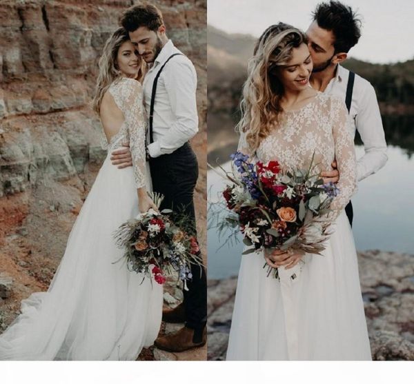 2021 boho wedding dresses long sleeves simple lace tulle backless custom made plus size sweep train country wedding gown vestidos, White
2021 boho wedding dresses long sleeves simple lace tulle backless custom made plus size sweep train country wedding gown vestidos, White