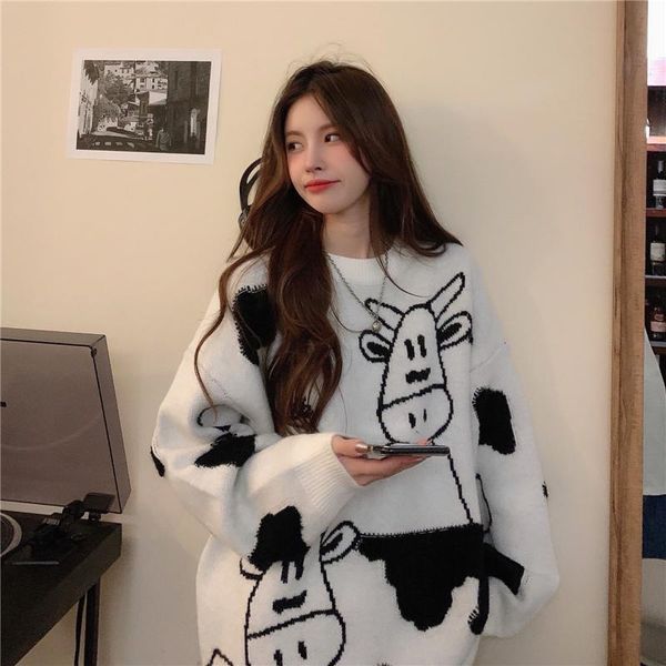 women's sweaters cartoon cow sweater pullover jumper women printed knitted korean harajuku streetwear casual autumn female, White;black
women's sweaters cartoon cow sweater pullover jumper women printed knitted korean harajuku streetwear casual autumn female, White;black