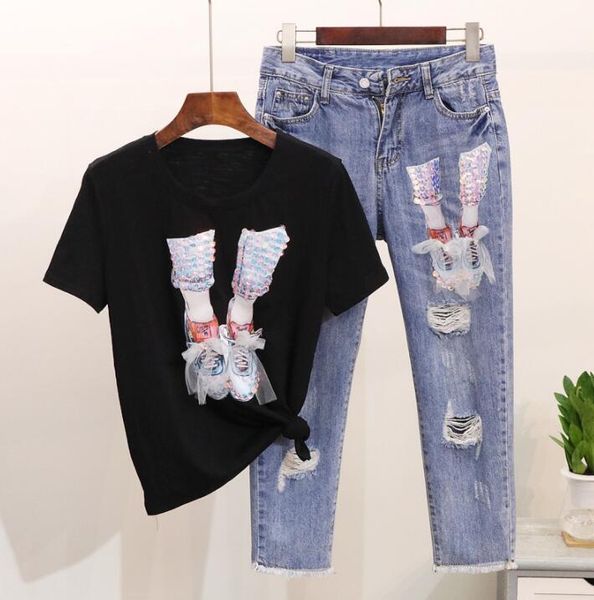 women summer mesh appliques sequined cotton tshirts + calf-length hole denim pants suit shoes pattern sequins jeans clothing set, Gray
women summer mesh appliques sequined cotton tshirts + calf-length hole denim pants suit shoes pattern sequins jeans clothing set, Gray