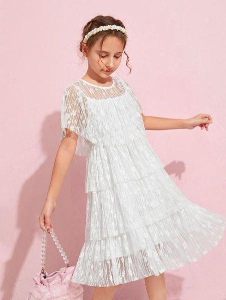 girls layered ruffle hem lace overlay dress she, Red;yellow