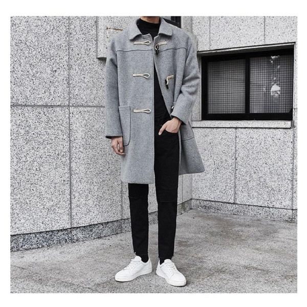 men's winter jackets undefined horn button male woolen blend overcoat peacoat windbreaker techwear coat manteaux homme clothing, Black