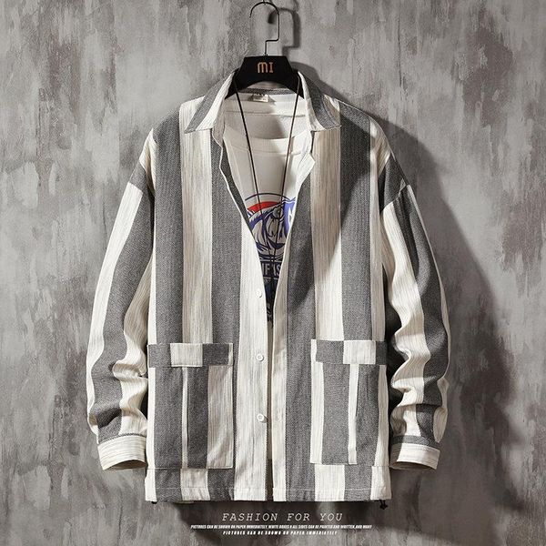 men's casual shirts long-sleeved shirt fashion striped jacket spring japanese large pocket tooling camisas para hombre, White;black
men's casual shirts long-sleeved shirt fashion striped jacket spring japanese large pocket tooling camisas para hombre, White;black