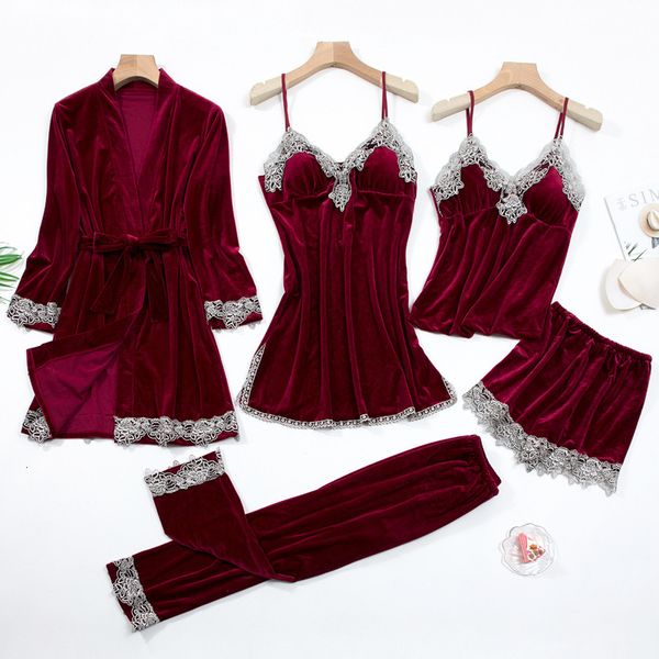 2021 new female 5 pieces pajamas for women autumn winter veet lace sleepwear elegant warm robe woman home cloths mm1g, Black;red
2021 new female 5 pieces pajamas for women autumn winter veet lace sleepwear elegant warm robe woman home cloths mm1g, Black;red