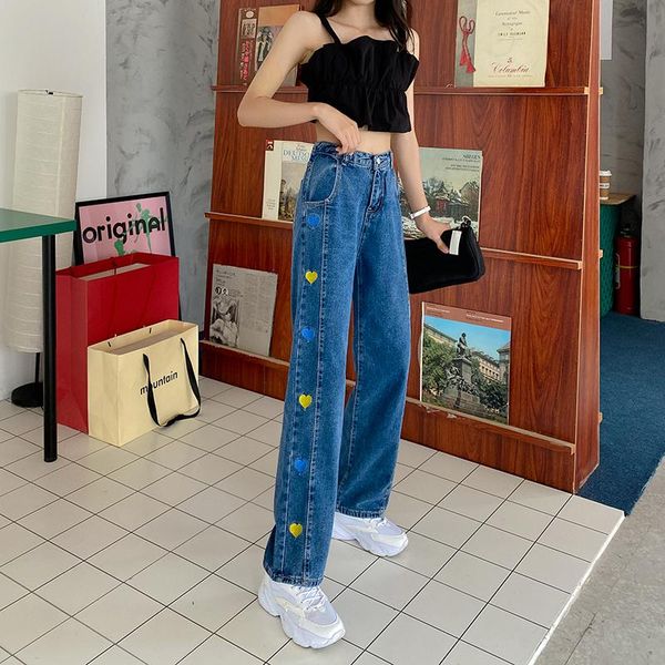 women's jeans love printed korean style small people all-match straight pants loose high waist wide leg women 2021, Blue
women's jeans love printed korean style small people all-match straight pants loose high waist wide leg women 2021, Blue