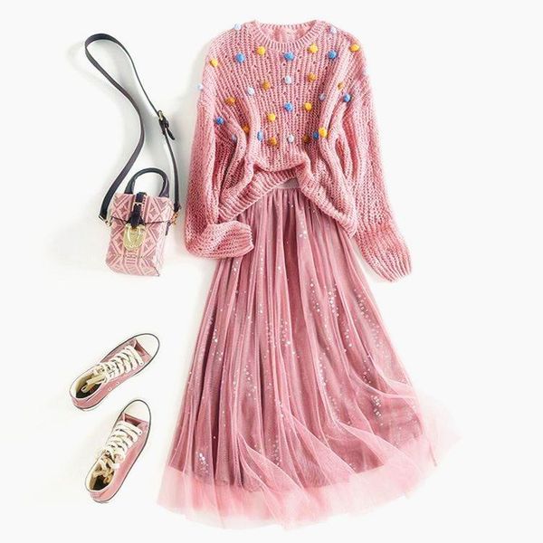 two piece dress 2 beautiful sets of pink spring and autumn fashion oversized knitted ball sweaters sequined shiny long party skirts ns381, White
two piece dress 2 beautiful sets of pink spring and autumn fashion oversized knitted ball sweaters sequined shiny long party skirts ns381, White
