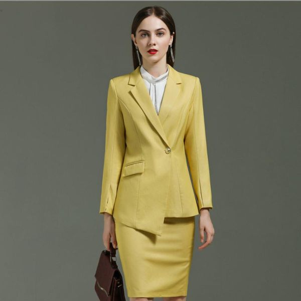 two piece dress business suit for women work clothes yellow full sleeve asymmetrical blazer knee length midi skirt set, White
two piece dress business suit for women work clothes yellow full sleeve asymmetrical blazer knee length midi skirt set, White
