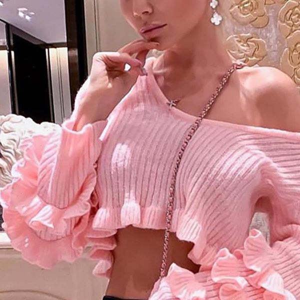 missord 2021 autumn and winter off shoulder ruffles knitted sweater women solid color lovely sweater mq19615, White;black
missord 2021 autumn and winter off shoulder ruffles knitted sweater women solid color lovely sweater mq19615, White;black