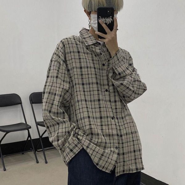 men's casual shirts spring plaid shirt men korean fashion loose harajuku streetwear retro social couples long sleeve, White;black
men's casual shirts spring plaid shirt men korean fashion loose harajuku streetwear retro social couples long sleeve, White;black