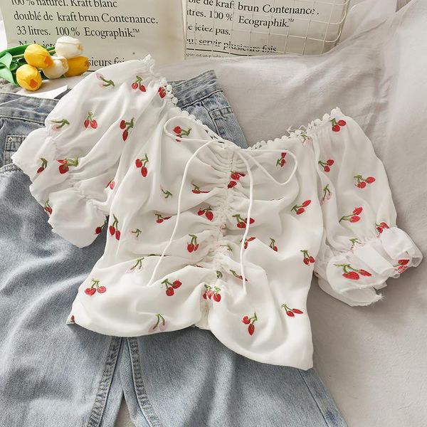 cherry embroidered puffed sleeves crop female new drawstring lace collar chiffon popular womens bandage shirt folds blouse, White
cherry embroidered puffed sleeves crop female new drawstring lace collar chiffon popular womens bandage shirt folds blouse, White