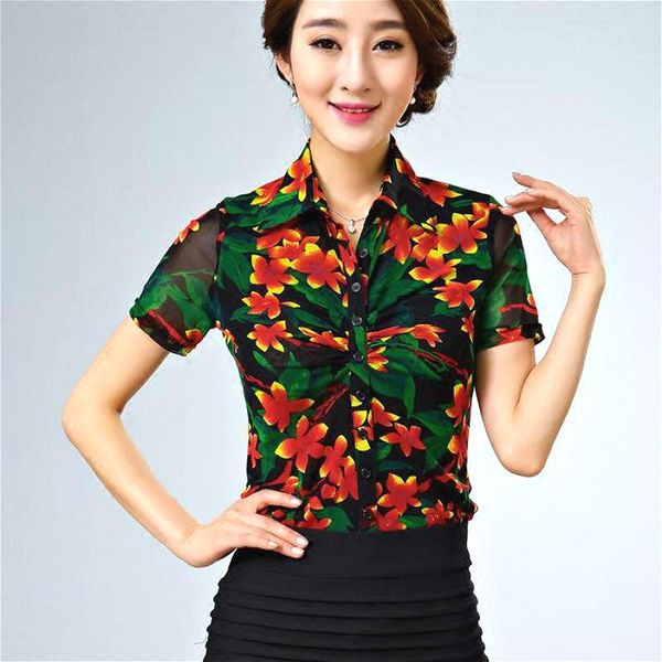 women's blouses & shirts summer 2021 womens printed floral pattern short sleeve mesh blouse , female woman slim 3xl fashion, White