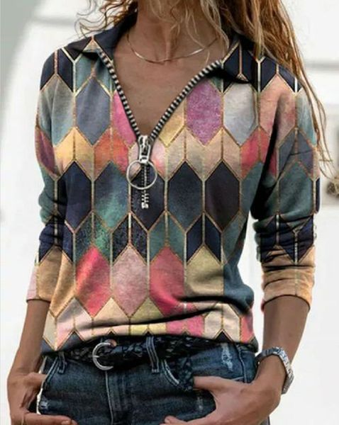 2020 large women's printed zipper t-shirt slim v-neck blouse lapel long sleeve t-shirt, White
2020 large women's printed zipper t-shirt slim v-neck blouse lapel long sleeve t-shirt, White