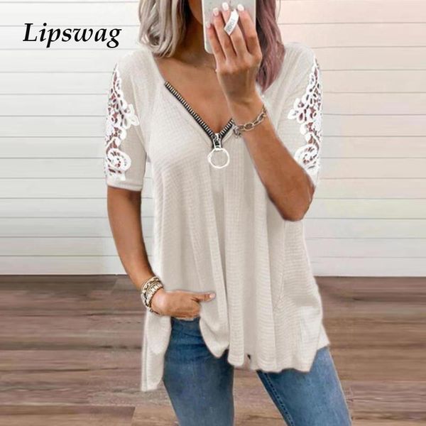 women's t-shirt 2021 summer casual patchwork tee shirts women elegant embroidery lace ladies low-cut v-neck zipper loose pullovers, White
women's t-shirt 2021 summer casual patchwork tee shirts women elegant embroidery lace ladies low-cut v-neck zipper loose pullovers, White