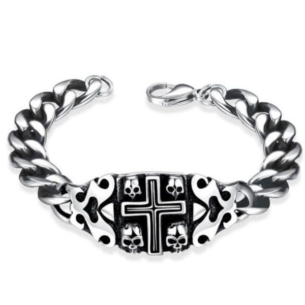 link, chain punk bracelet cuban gothic charm cross skull for men retro biker jewelry, Black
link, chain punk bracelet cuban gothic charm cross skull for men retro biker jewelry, Black