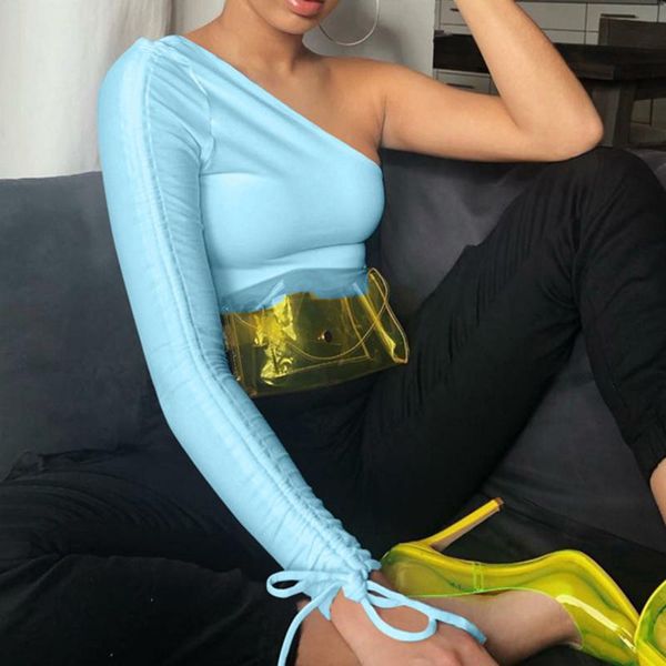 women's t-shirt elegant autumn winter drawstring ruched women t shirt crop one shoulder bodycon streetwear party club, White